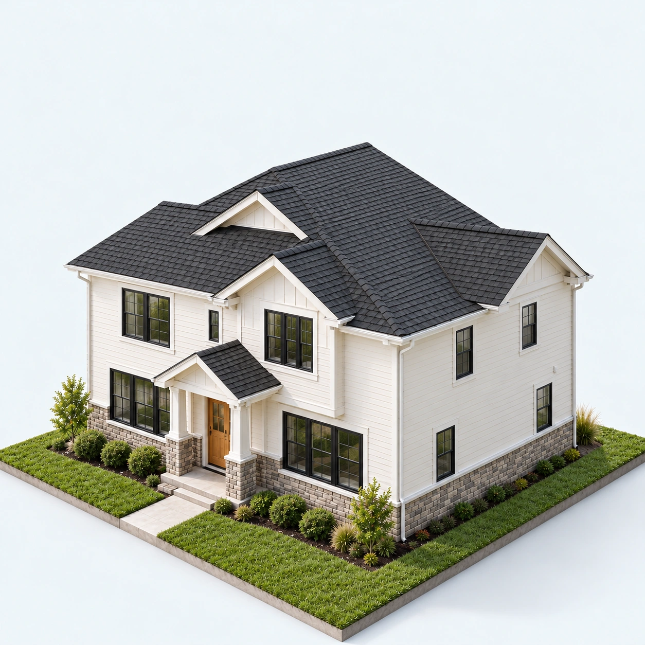 A white sided home with a charcoal roof, dark windows and stone foundation